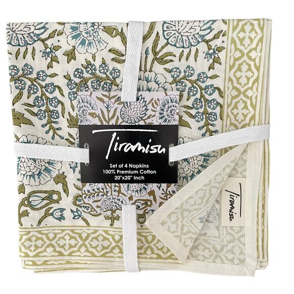 TIRAMISU Spring Floral 100% Cotton 20X20 Cloth Napkins Set of 4 Green Blue NEW - Picture 1 of 3